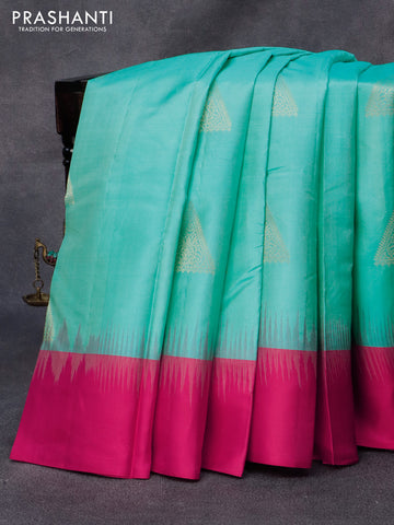 Pure kanjivaram silk saree teal blue and pink with zari woven geometric buttas and simple border