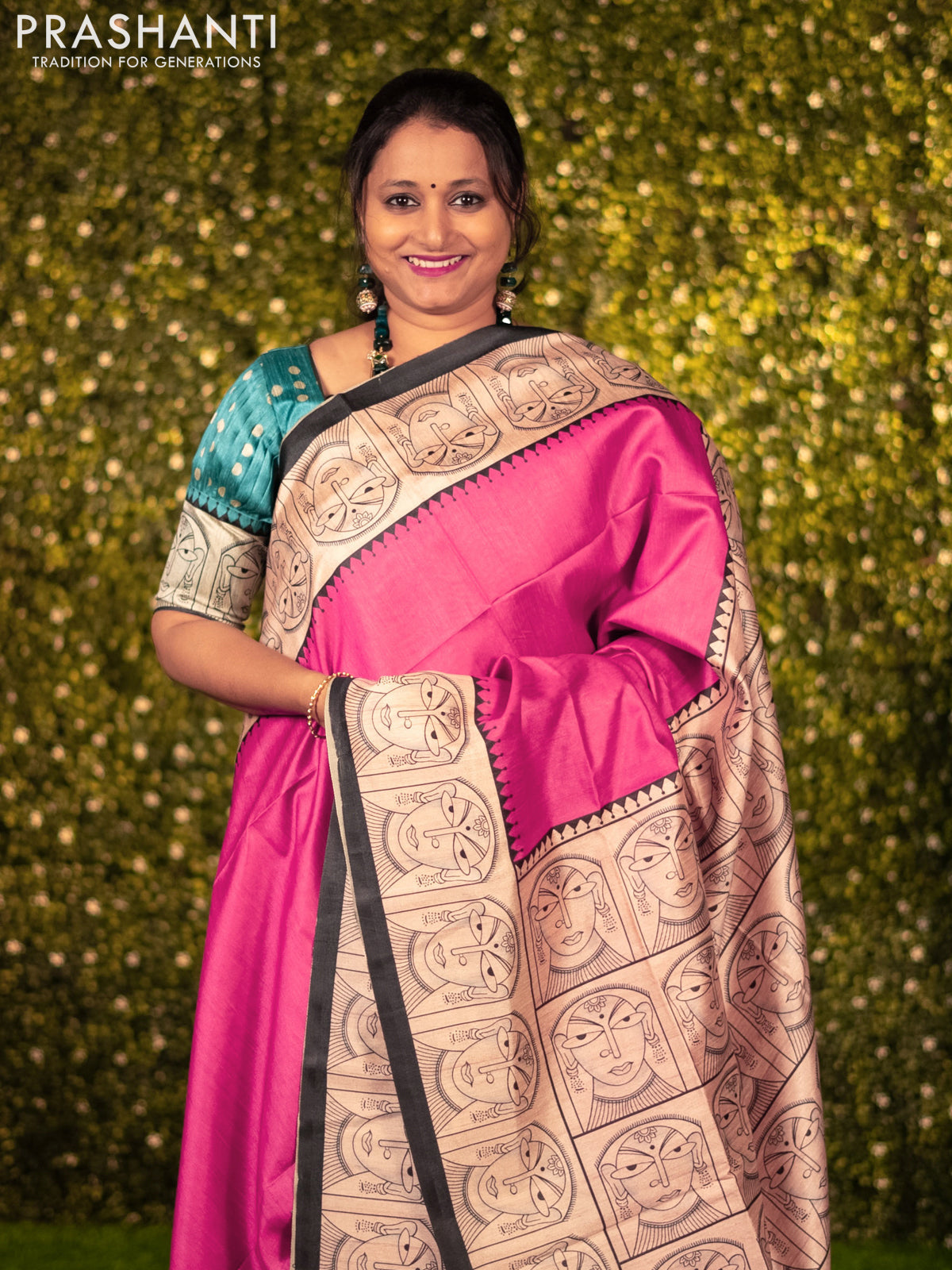 Chappa saree pink and beige with plain body and madhubani printed border