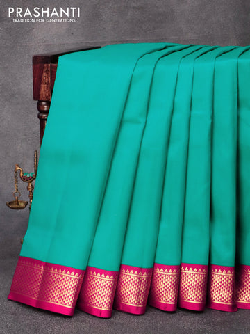 10 yards silk saree teal green and magenta pink with plain body and zari woven border