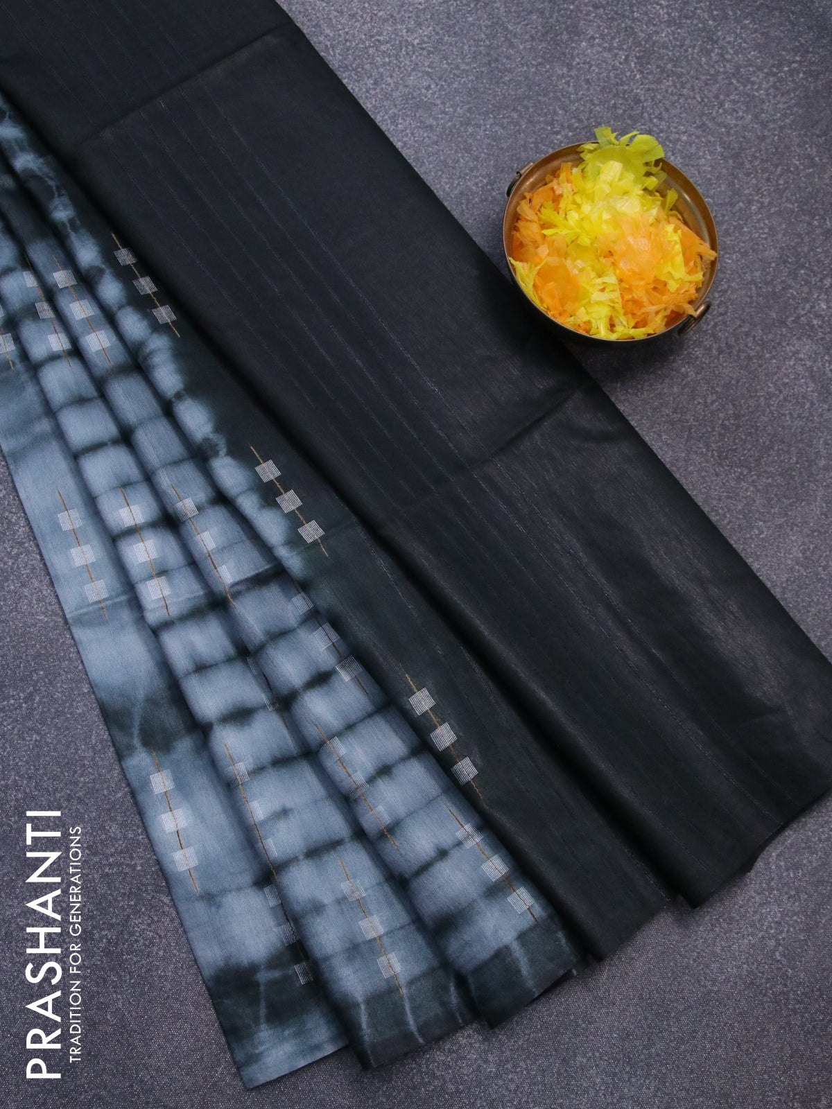 Bamboo silk saree greyish blue shade and black with allover tie & dye prints & thread buttas in borderless style