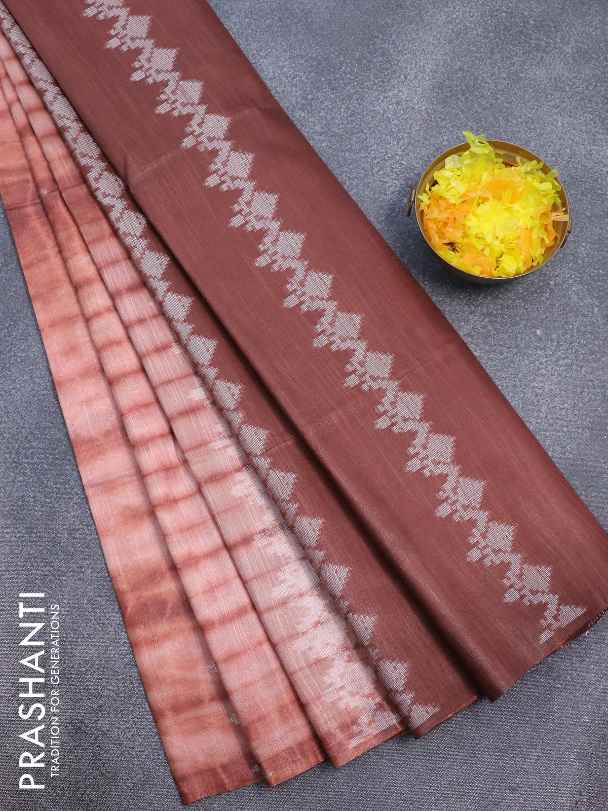 Bamboo silk saree peach shade and rust brown with allover tie & dye prints & thread buttas in borderless style