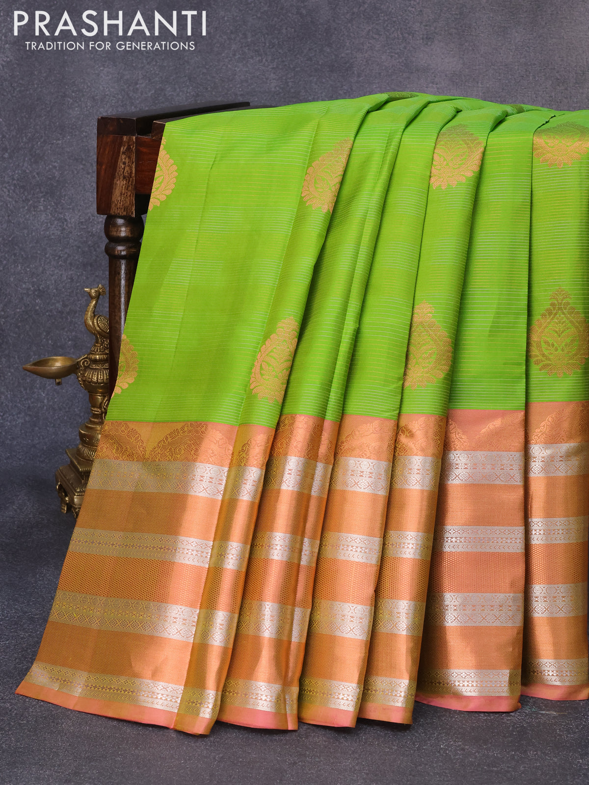 Pure kanjivaram silk saree light green and dual shade of pink with allover silver & copper zari woven stripe & buttas and long rich zari woven border