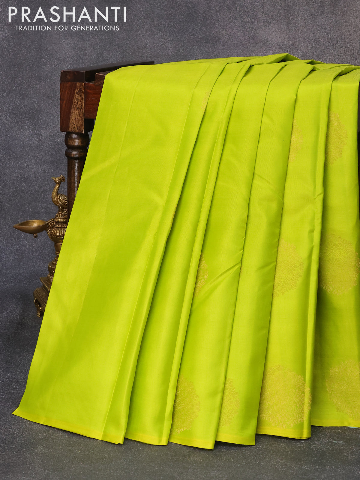 Pure kanjivaram silk saree lime green and bottle green with zari woven buttas in borderless style