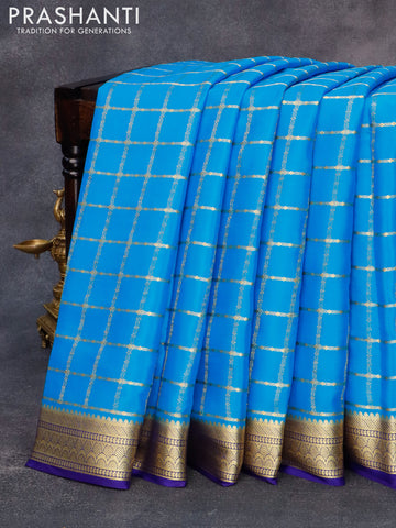 Pure mysore silk saree cs blue and blue with allover zari checked pattern and zari woven border