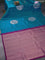 Pure kanjivaram silk saree teal blue and deep purple with silver zari woven buttas in borderless style & borderless style