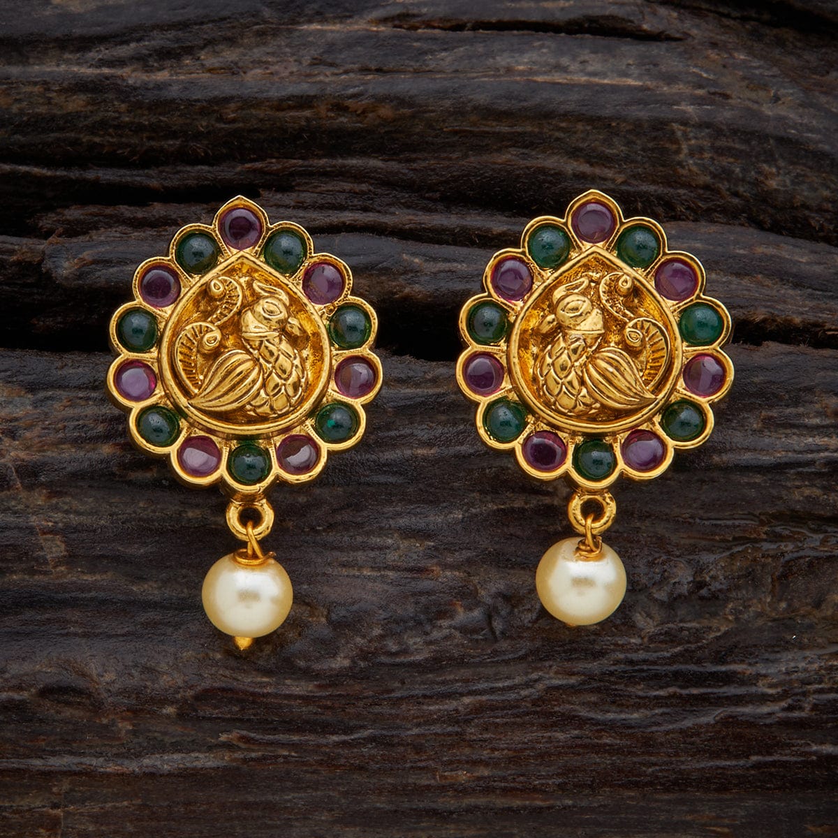 22K Antique Stud,Green-Red Jadtar Combination and Pearl Drop | Pachchigar  Jewellers (Ashokbhai)