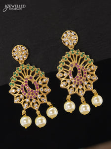 Antique earrings peacock design kemp and cz stones with pearl hangings