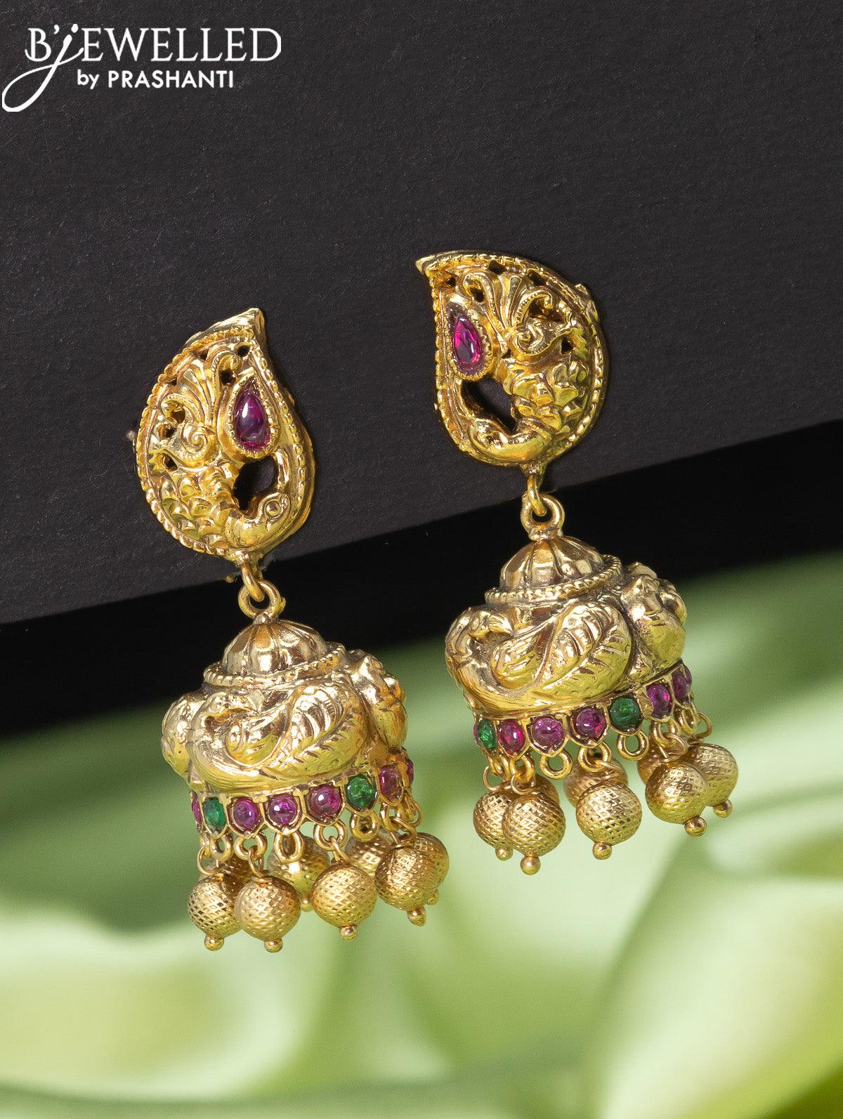 Antique jhumkas with kemp stone and golden beads hangings