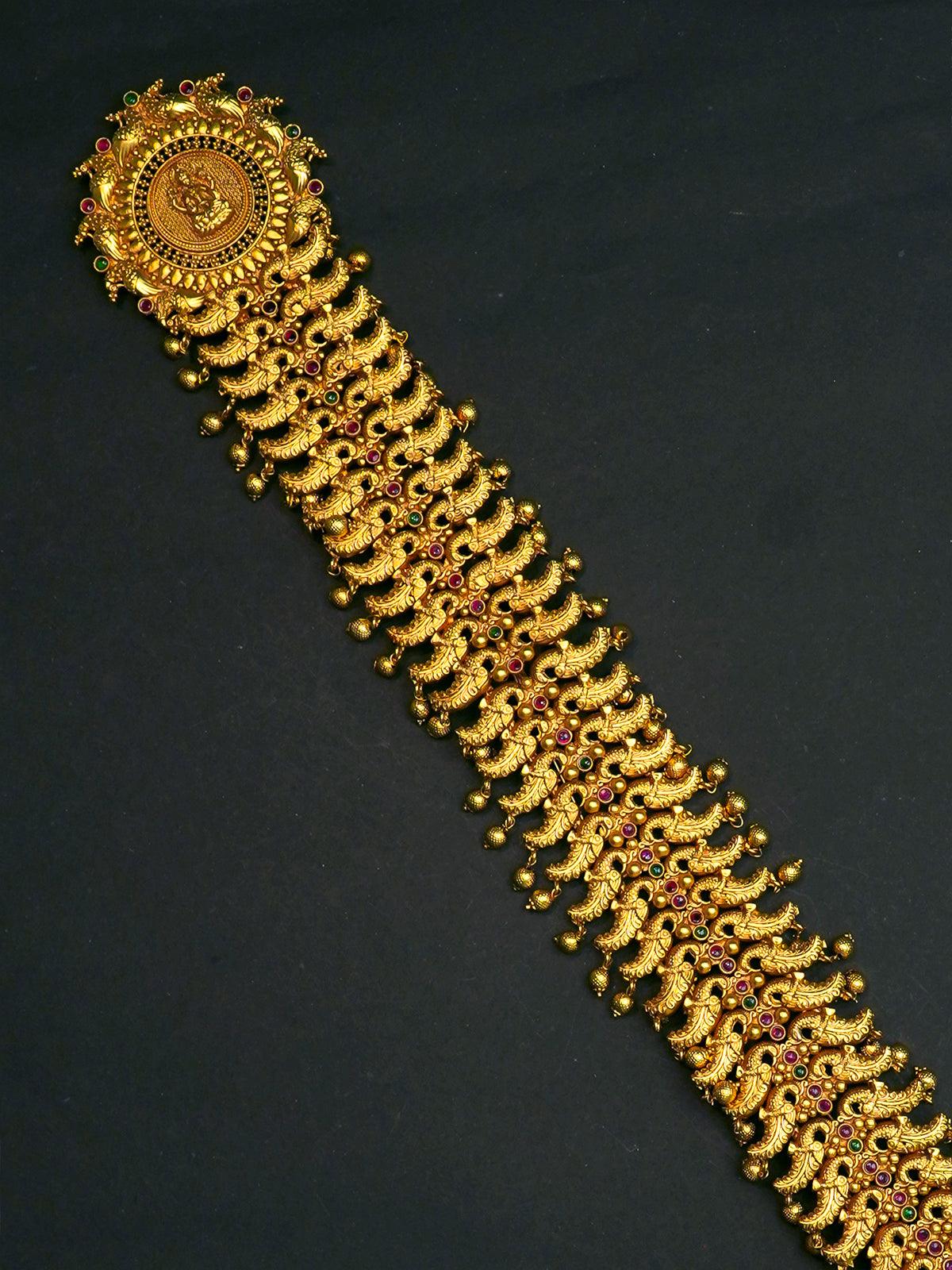 Antique lakshmi and peacock design jada billai with kemp stone