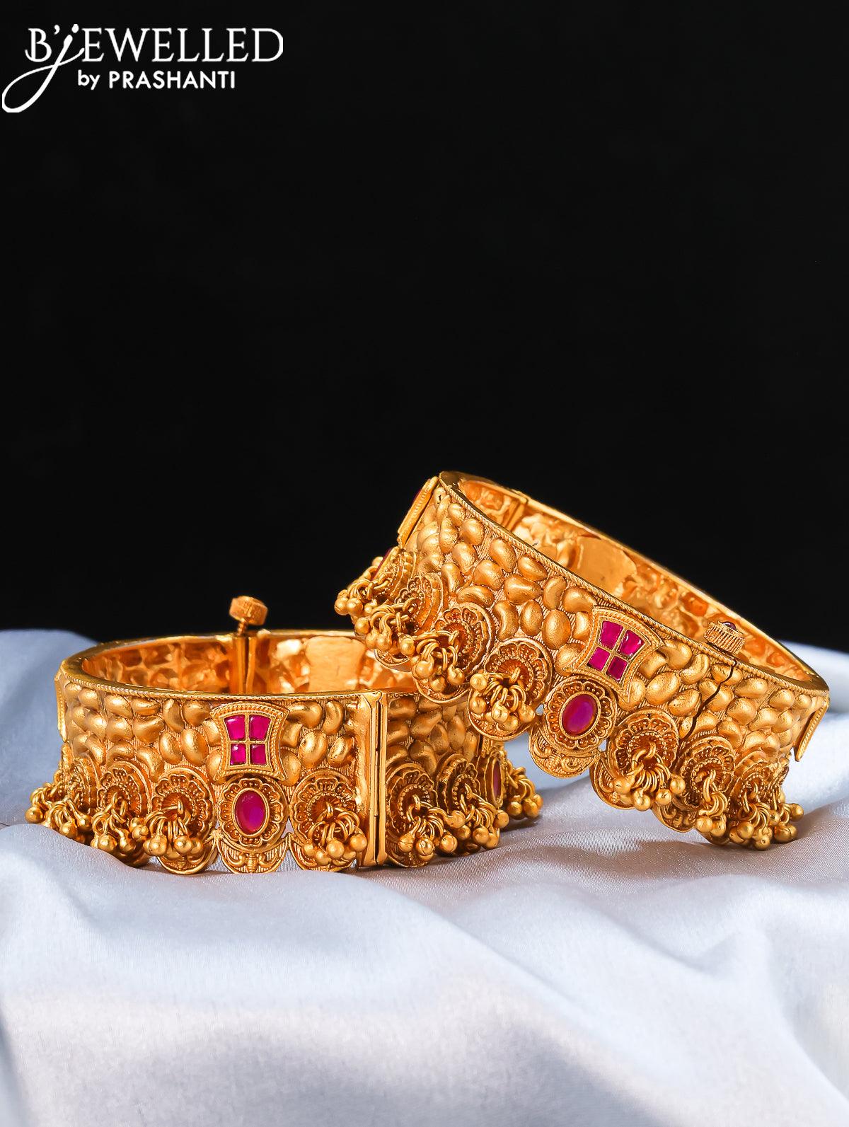 Gold Plated Broad Openable Bangles Set with Stone Studded -...