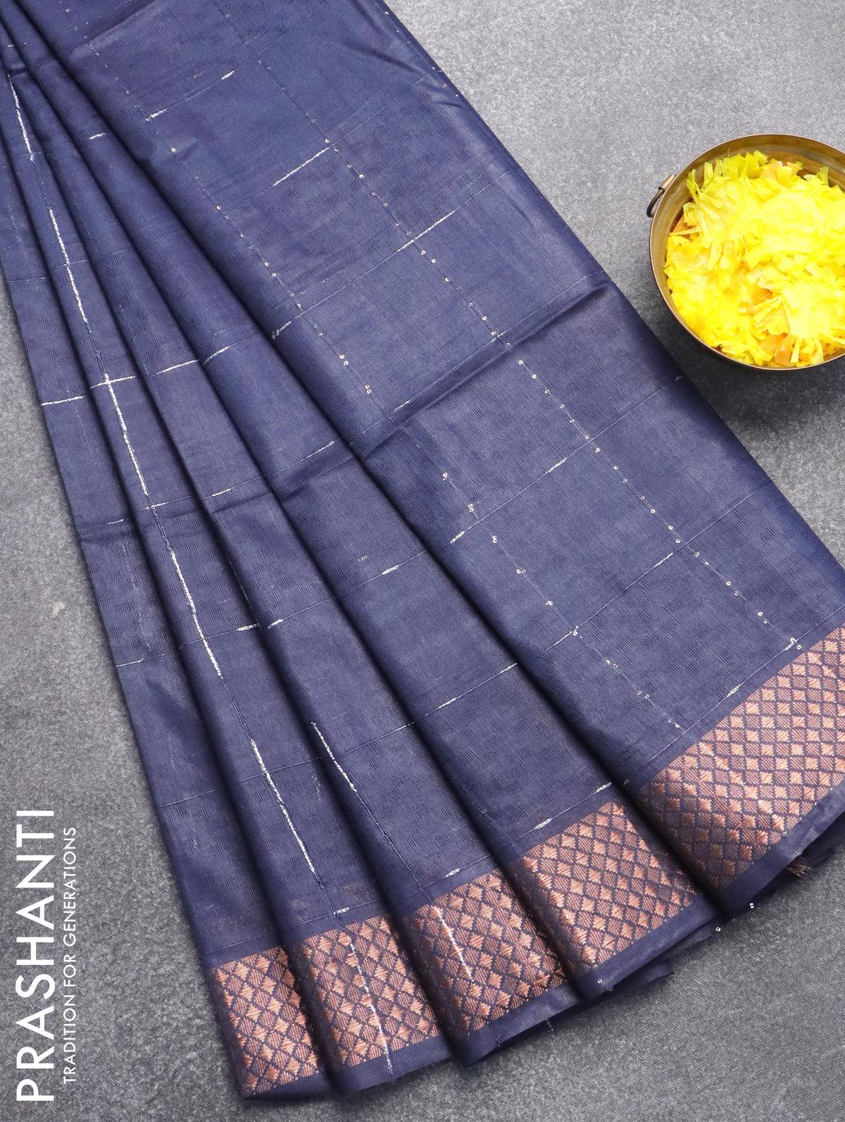 Bamboo silk saree blue with allover thread weaves and sequin work pallu