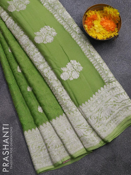 Green with Lemon Yellow Khaddi Chiffon Banarasi Handloom Saree –  IndianVillèz