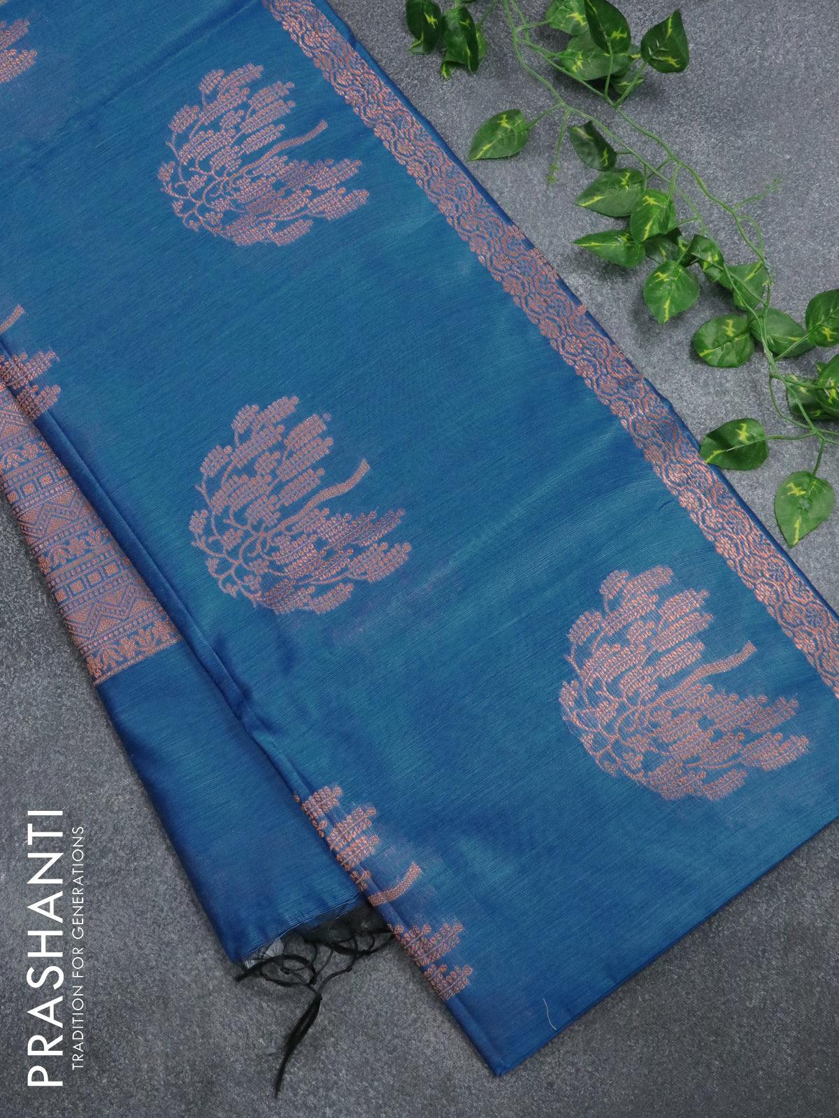 Banarasi cotton saree cs blue with copper zari woven buttas and piping border