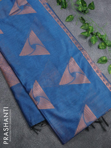 Banarasi cotton saree cs blue with copper zari woven buttas and piping border