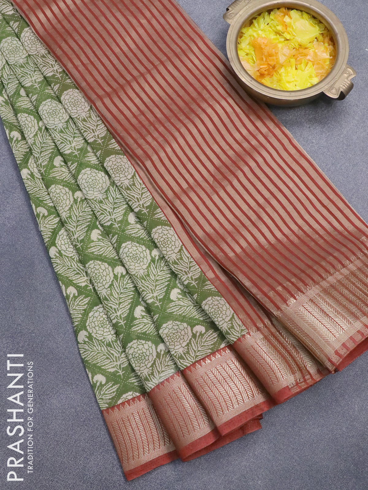 Buy Orange Banarasi Cotton Silk Woven Floral Stripe Pattern Saree For Women  by Nazaakat by Samara Singh Online at Aza Fashions.