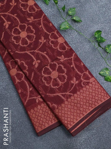 Banarasi cotton saree maroon with allover copper zari woven floral weaves and zari woven border