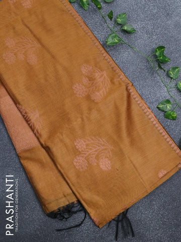 Banarasi cotton saree mustard yellow with copper zari woven buttas and piping border