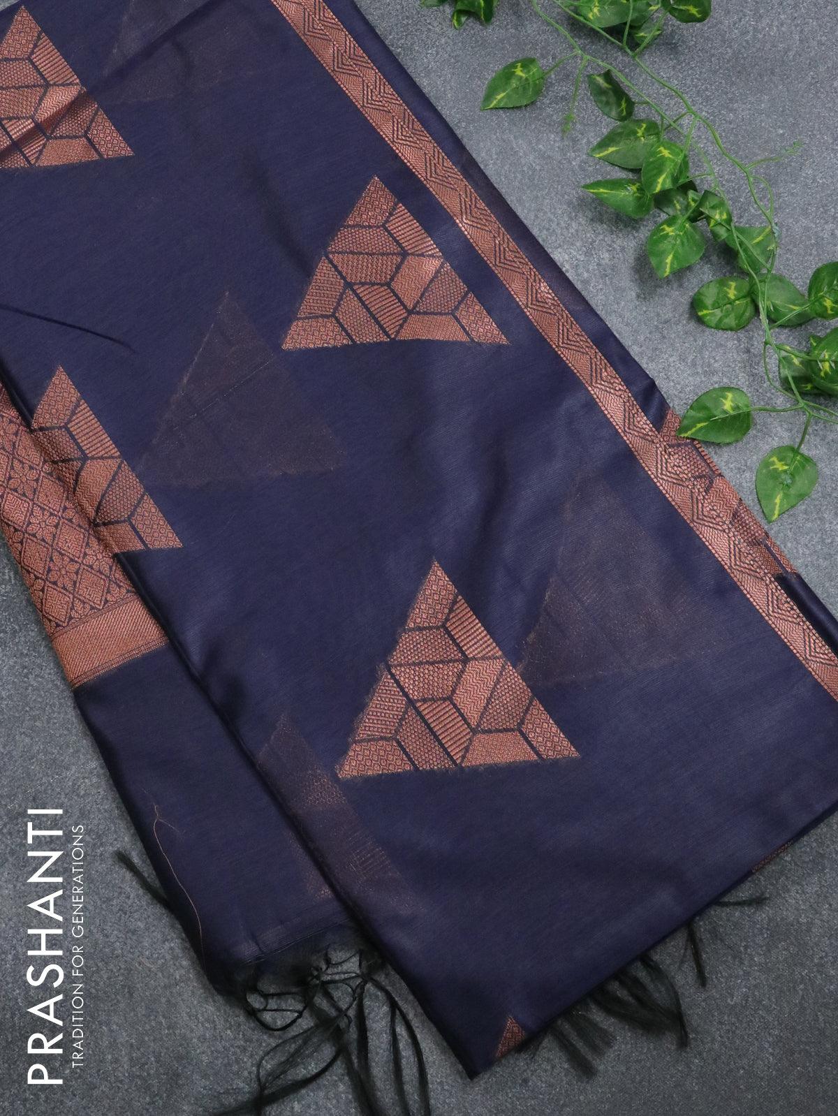 Banarasi cotton saree navy blue with copper zari woven geometric butta –  Cherrypick