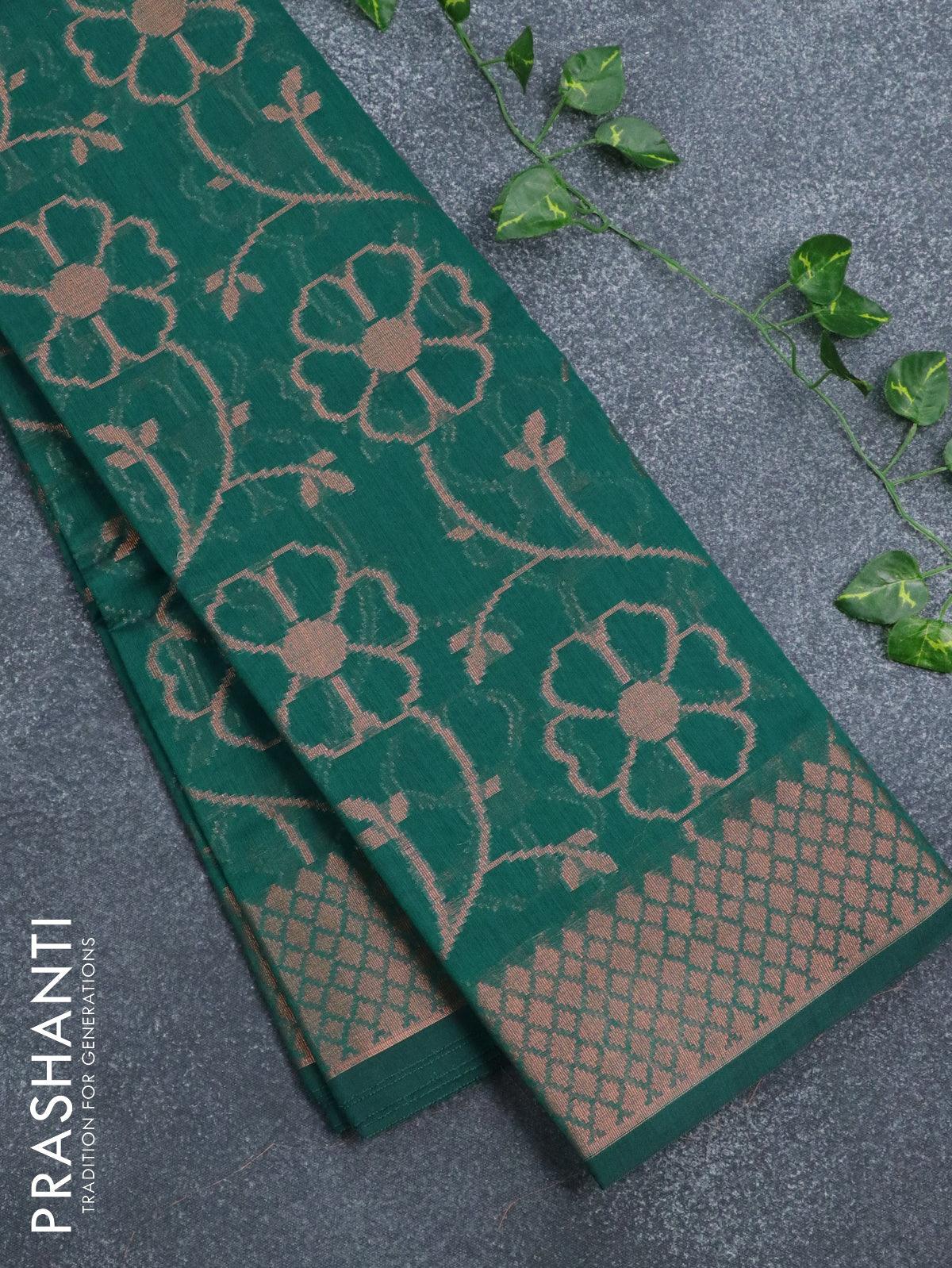 Banarasi cotton saree peacock green with allover copper zari woven floral weaves and zari woven border