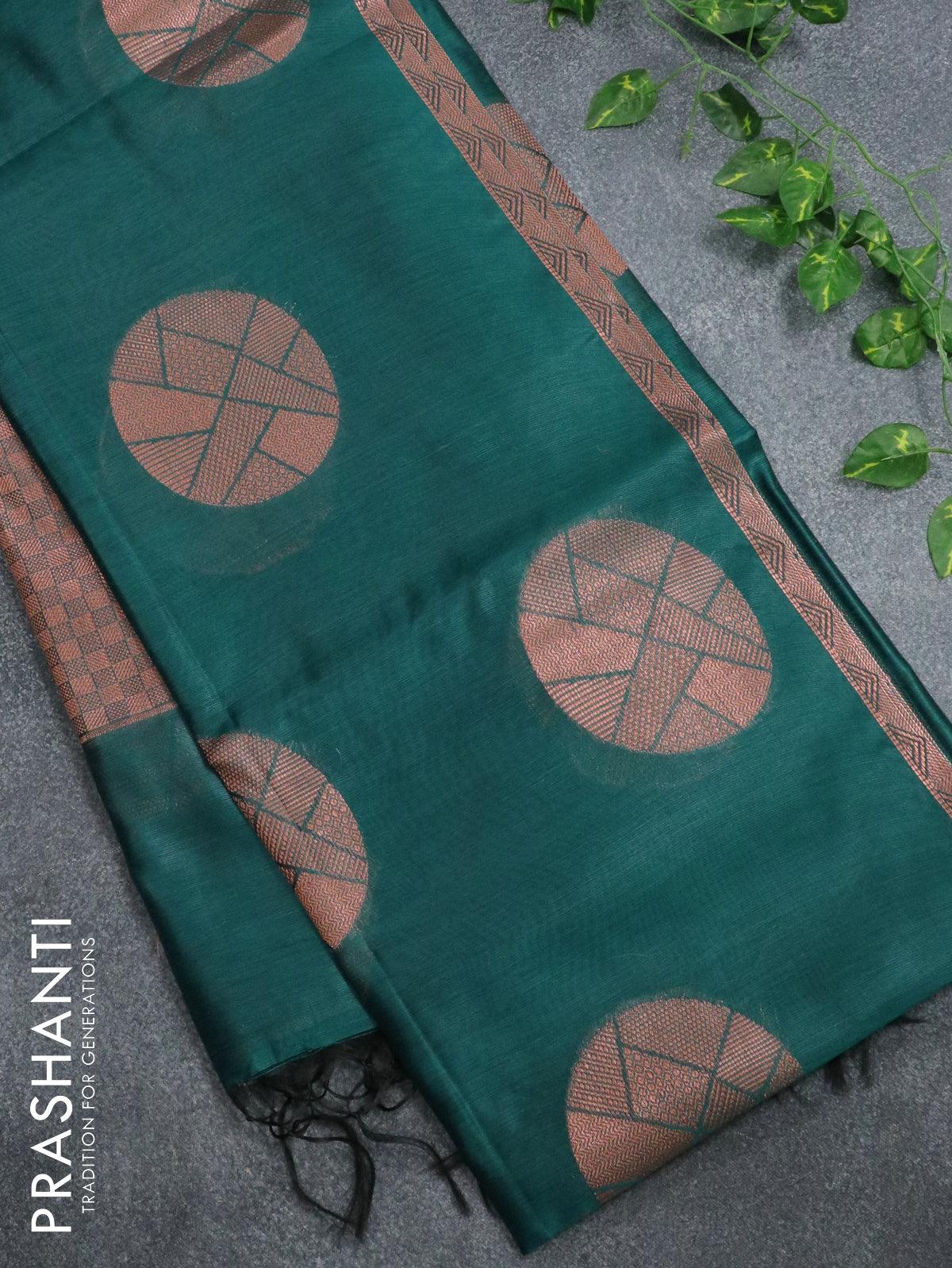 Banarasi cotton saree peacock green with copper zari woven buttas and piping border