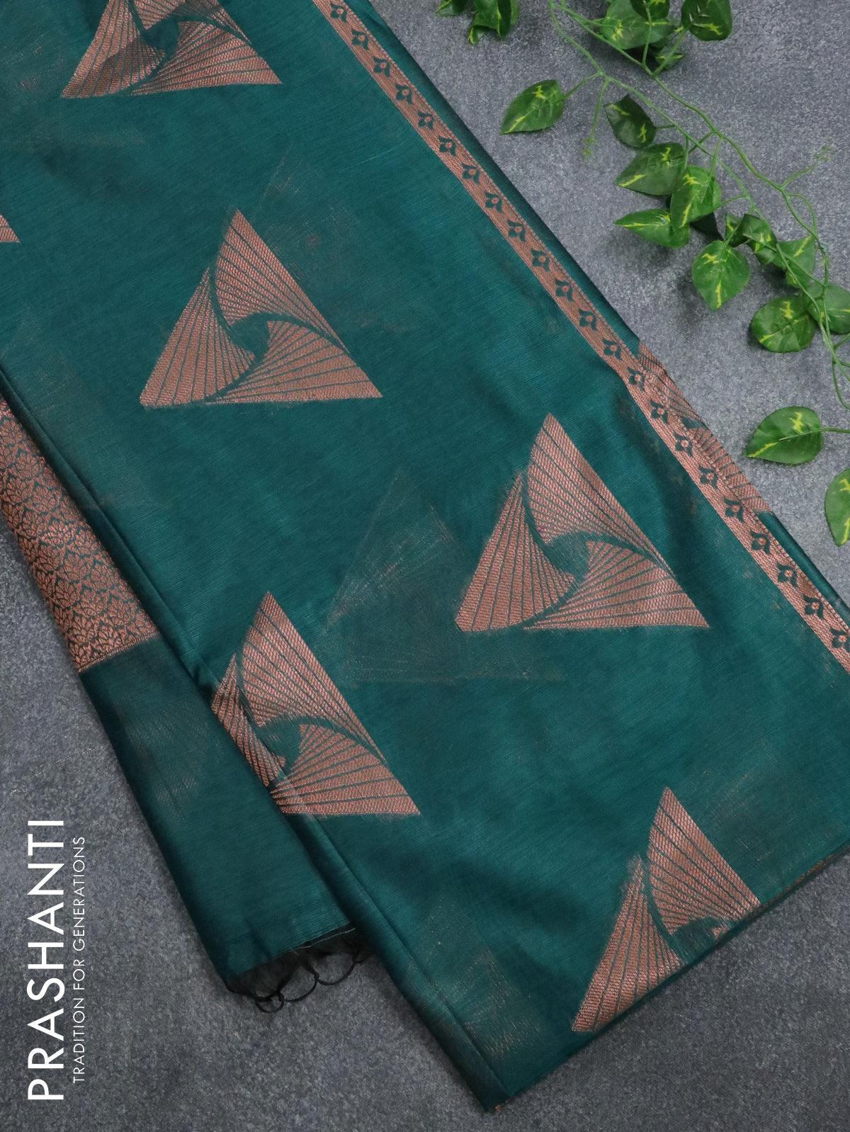 Banarasi cotton saree peacock green with copper zari woven buttas and piping border