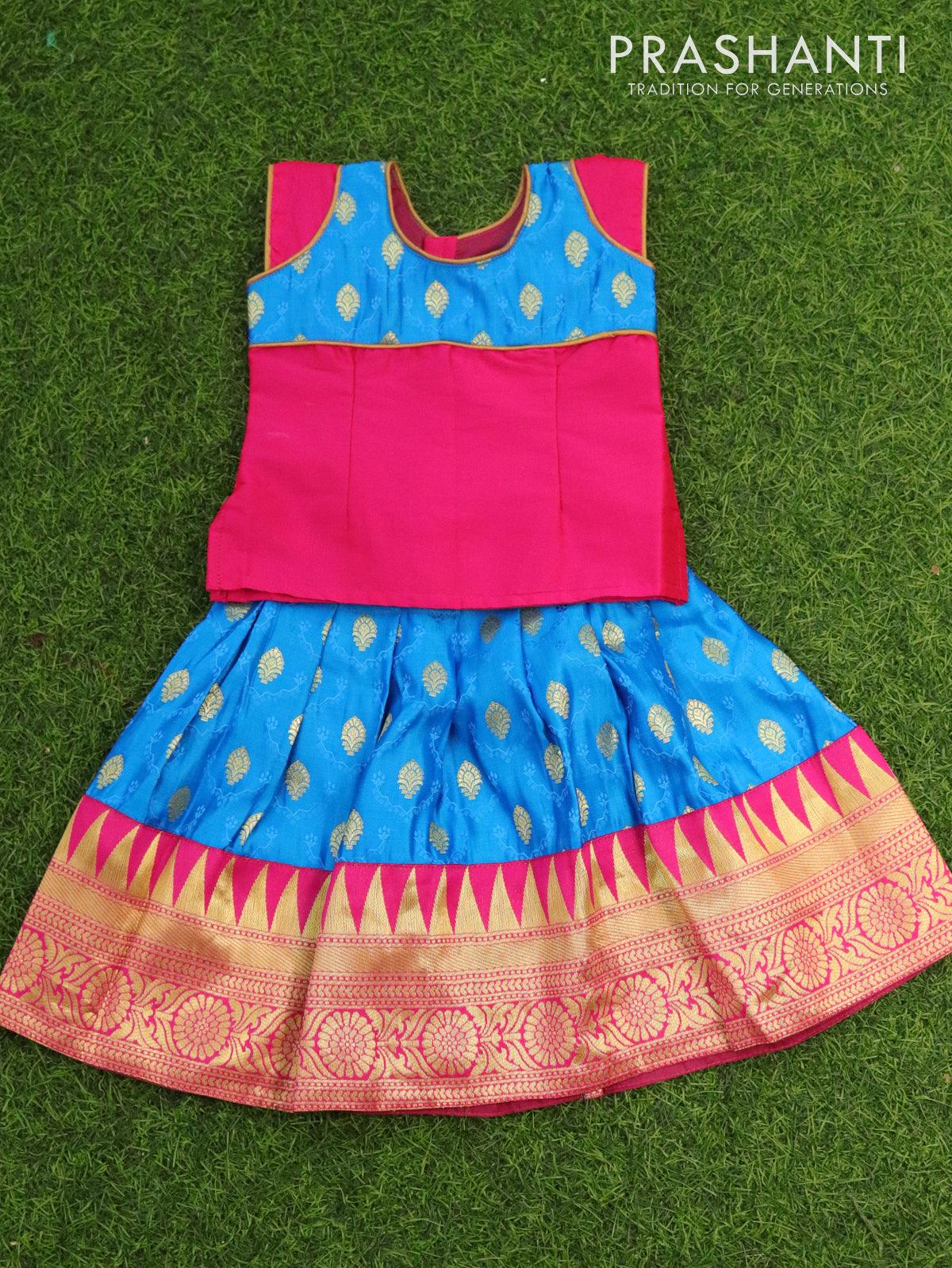 Banarasi kids lehanga candy pink and light blue with patch work neck pattern and allover zari buttas & temple design border for 0 year