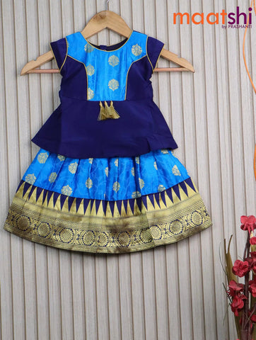 Banarasi kids lehanga dark blue and light blue with patch work neck pattern and delf emboss zari weaves & temple design border for 0 year