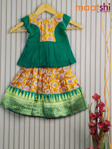 Banarasi kids lehanga dual shade of green and mango yellow with patch work neck pattern and self emboss zari buttas & temple design zari border for 0 year