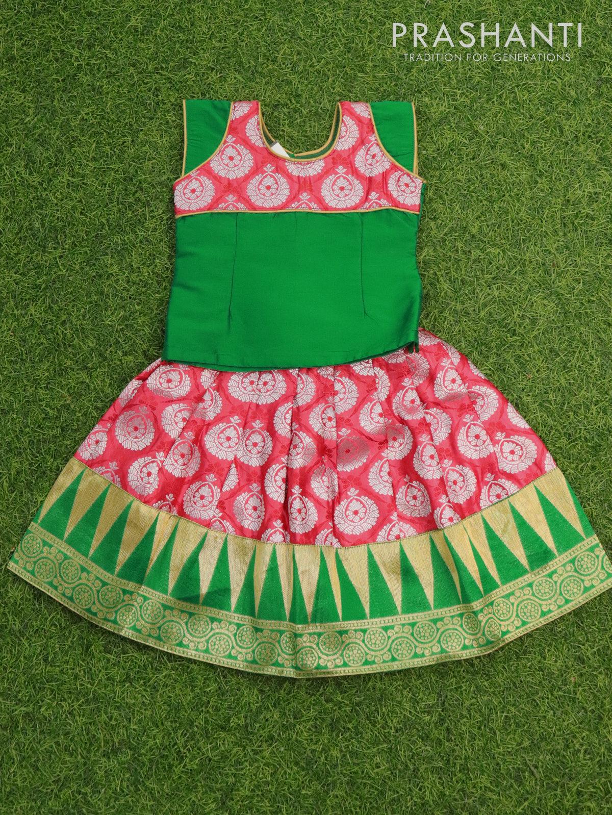 Banarasi kids lehanga green and pink shade with patch work neck pattern and allover zari buttas & temple zari border for 0 year