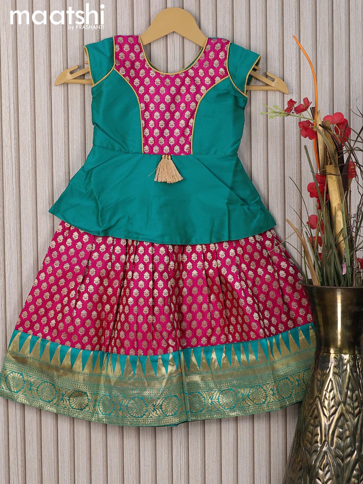 Banarasi kids lehanga teal green and pink with patch work neck pattern and allover zari buttas & temple design zari woven border for 2 years