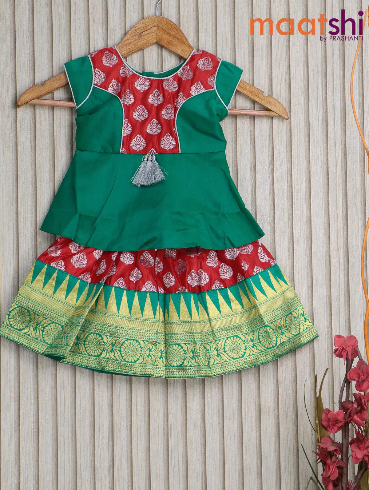 Banarasi kids lehanga teal green and red with patch work neck pattern and silver zari buttas & zari woven border for 0 year