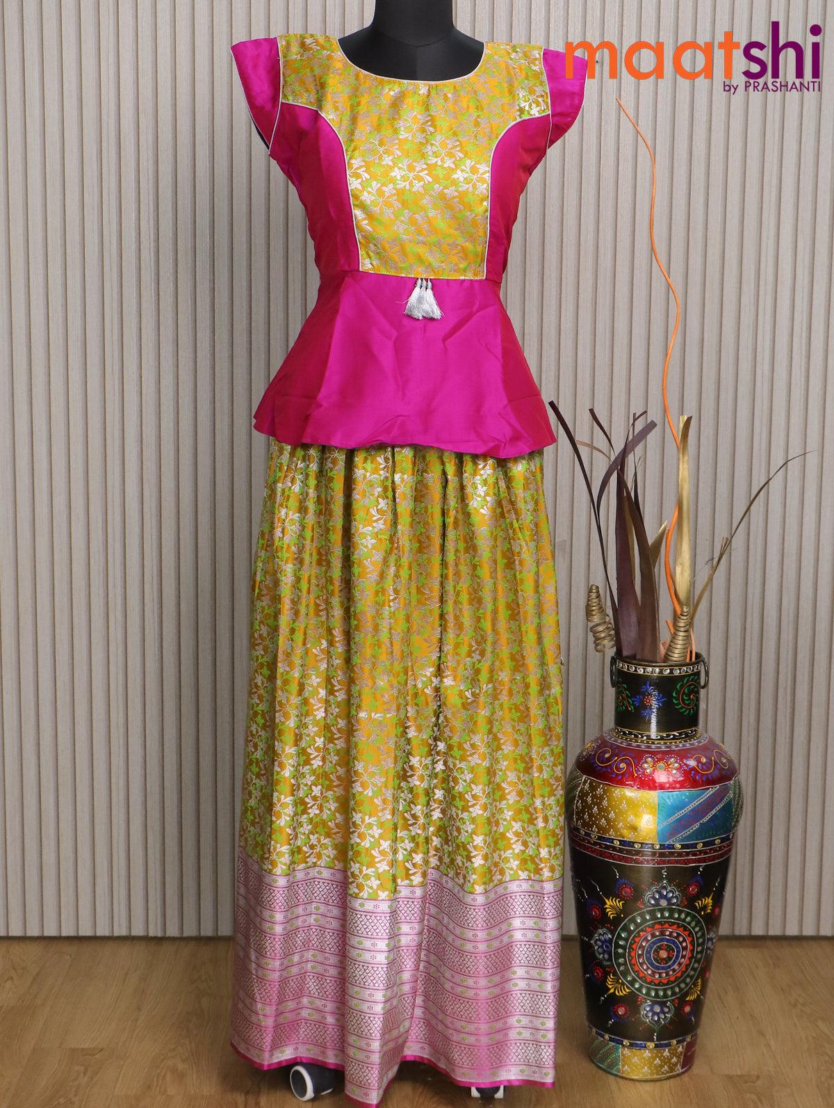 Banarasi kids lehenga pink and mustard yellow with patch work neck pattern and self emboss zari weaves & long silver zari border for 16 years