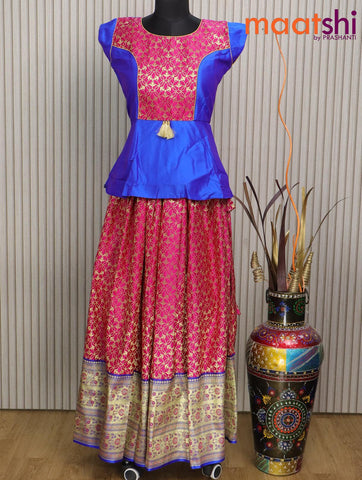 Banarasi kids lehenga royal blue and pink with patch work neck pattern and allover zari weaves & long floral design border for 15 years