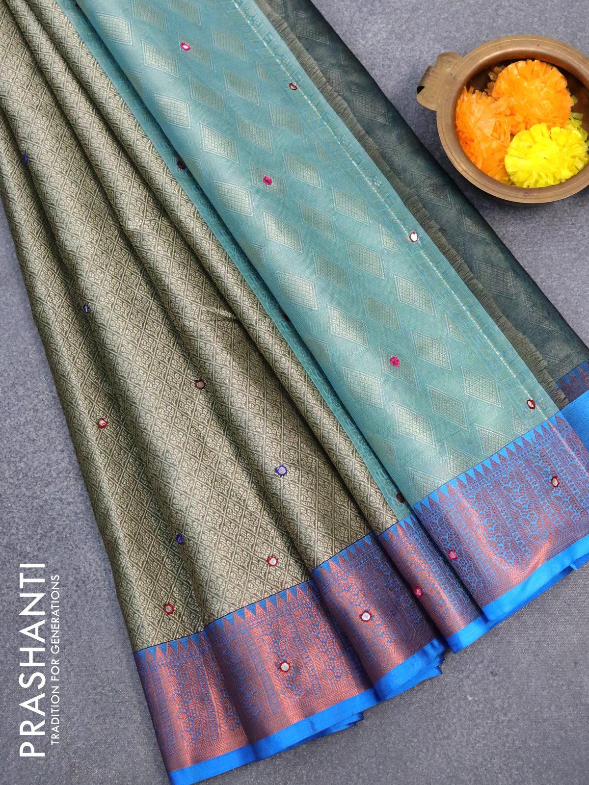 Banarasi kora saree parrot green and blue with allover self emboss & m –  Cherrypick