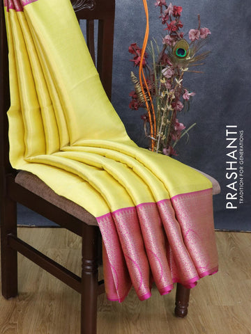 Banarasi kora saree lime yellow and magenta pink with allover zari stripe weaves and long zari woven border