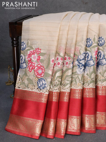 Banarasi kota tissue saree off white and red with floral design embroidery work and rettapet zari woven border