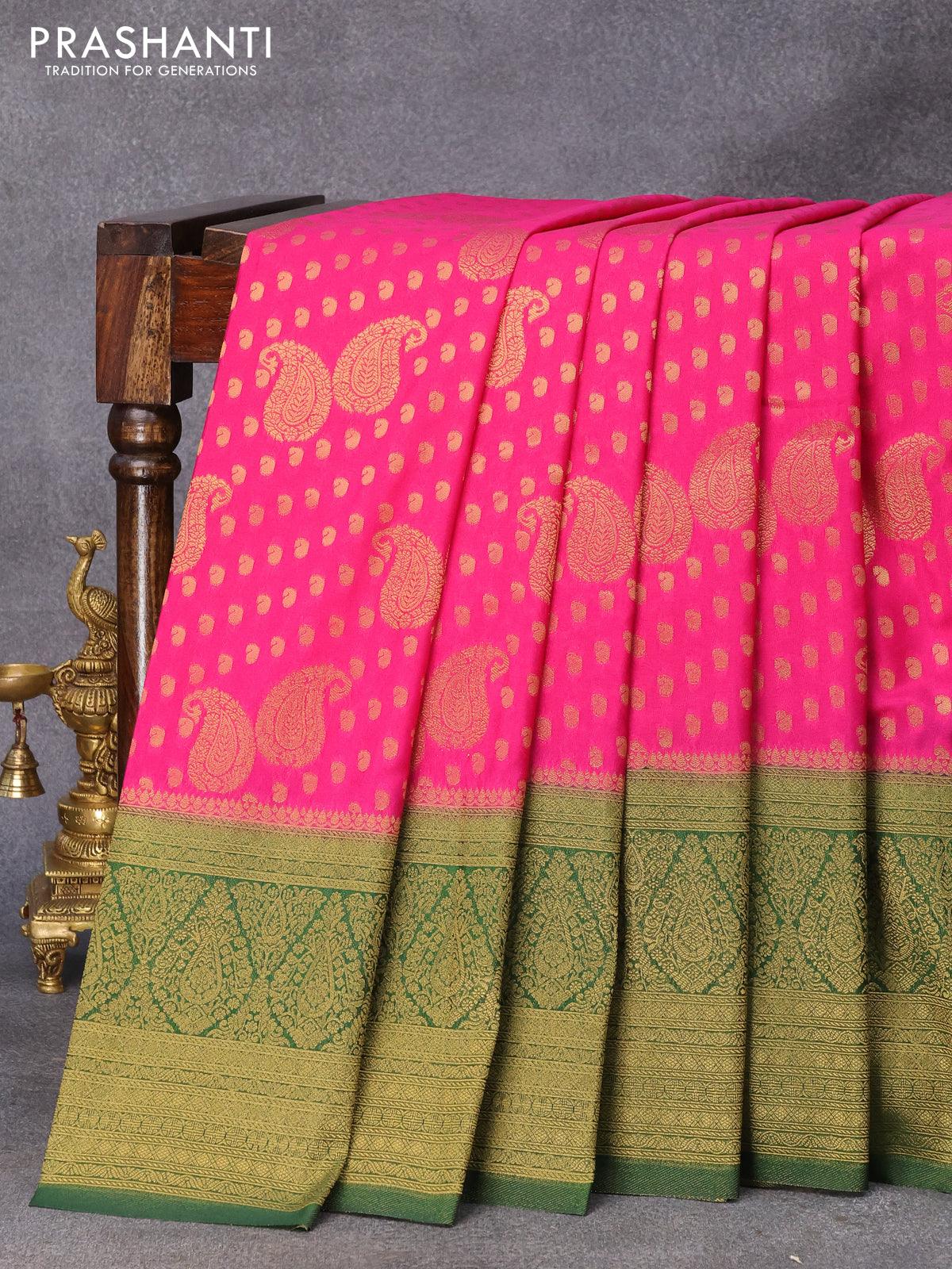 Banarasi semi crepe silk saree pink and green with allover zari woven paisley butta weaves and long zari woven border