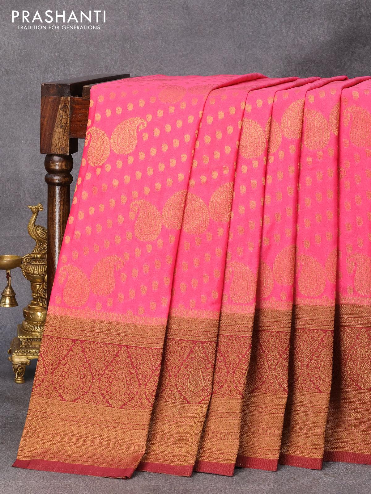 Banarasi semi crepe silk saree pink and maroon with allover zari woven paisley butta weaves and long zari woven border