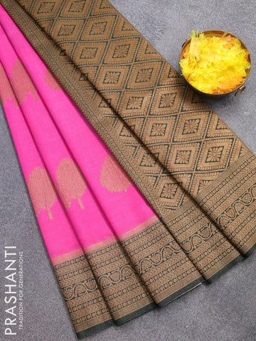 Banarasi semi dupion saree pink and green with allover thread & zari woven buttas and zari woven border