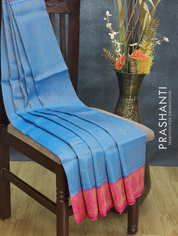 Banarasi semi silk saree cs blue and pink with allover zari weaves and zari woven border