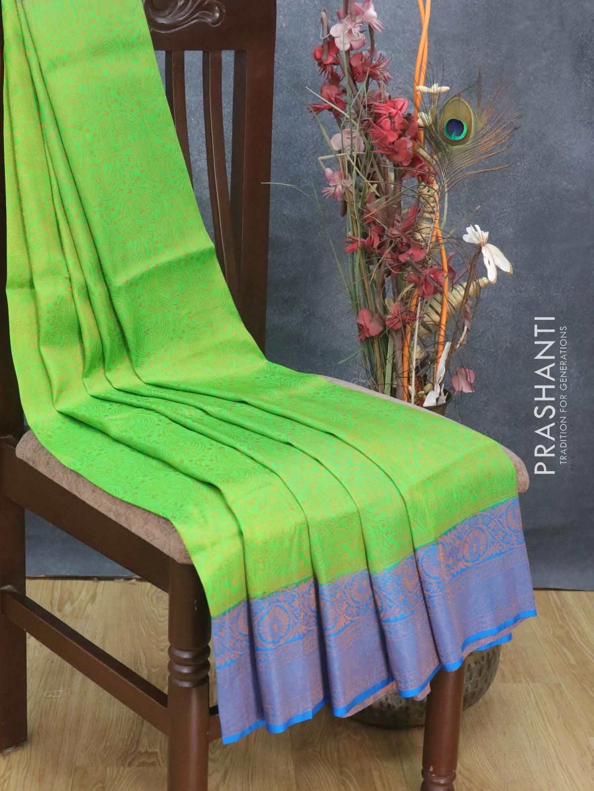 Banarasi semi silk saree light green and cs blue with allover zari weaves and zari woven border