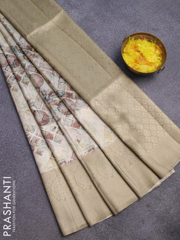 Banarasi softy silk saree off white and dark beige with allover zari weaves & geometric digital prints and long zari woven border