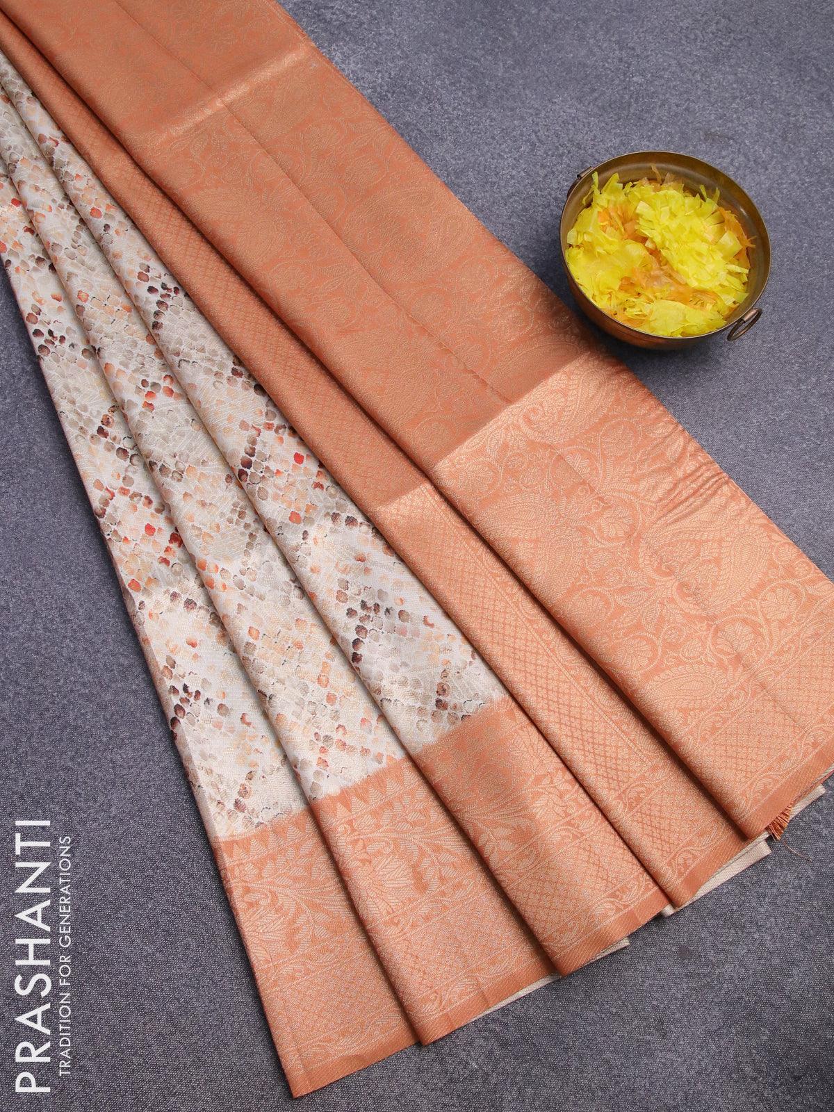 Banarasi softy silk saree off white and rustic orange with allover zari weaves & geometric digital prints and zari woven border