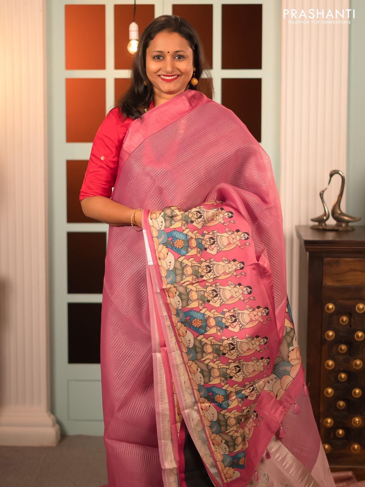 Banarasi tissue organza saree pink with plain body and kalamkari printed border