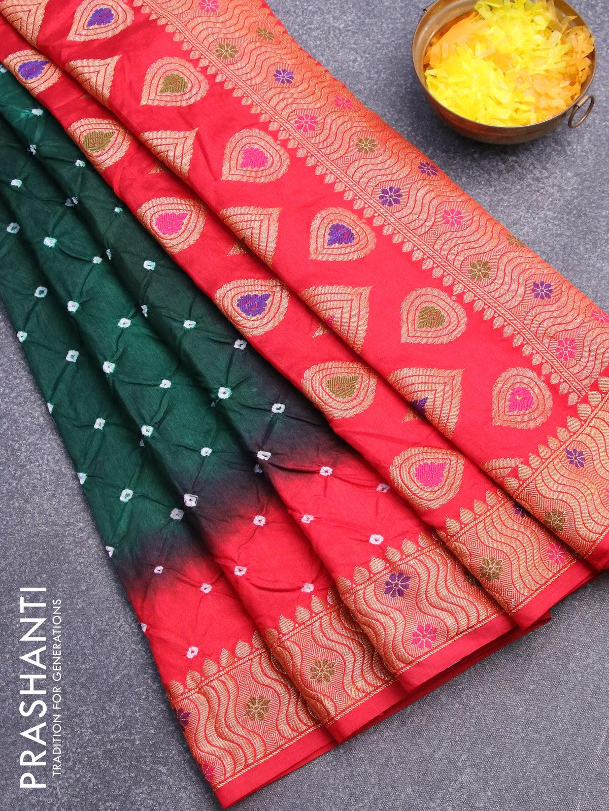 Bandhani saree dark green and red with bandhani prints and banarasi style mina border