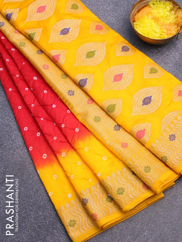 Bandhani saree red and mango yellow with bandhani prints and banarasi style mina border