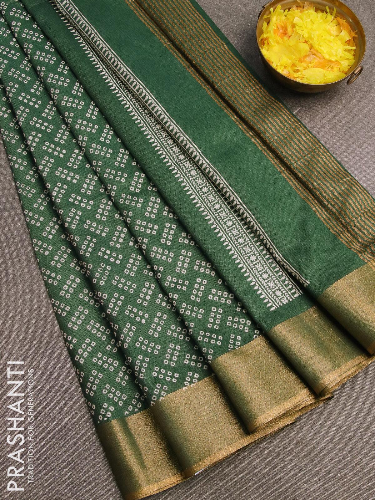 Bhagalpuri saree dark green with allover bandhani prints and zari woven border