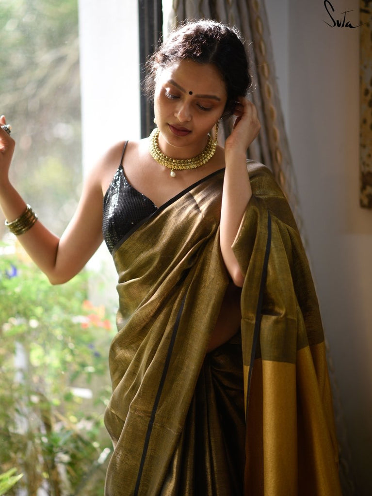 Black Chiffon Saree with Green Jewelled Crystal Belt – Talking Threads