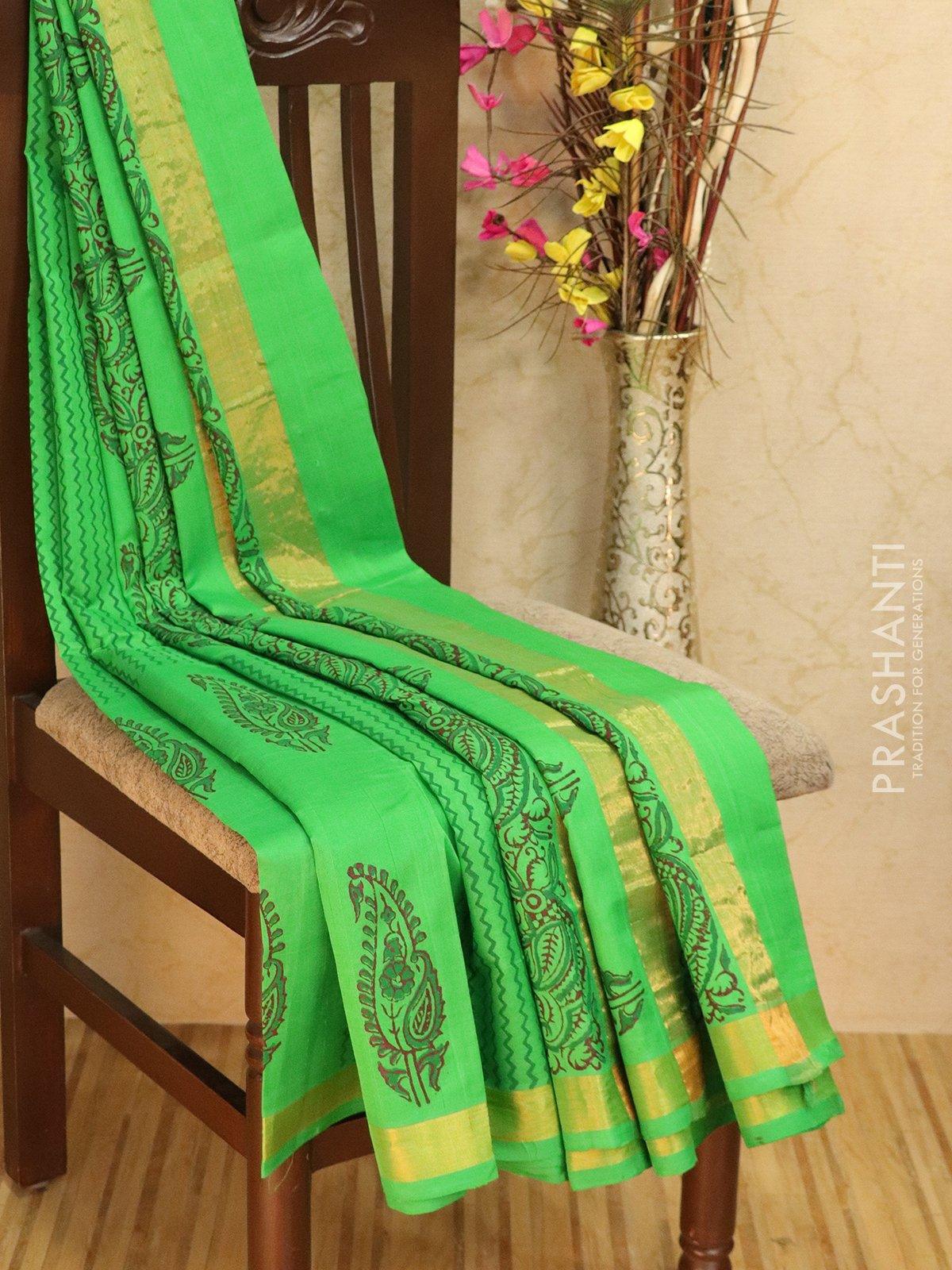 Mangalgiri silk cotton saree green with plain body and silver zari wov –  Prashanti Sarees
