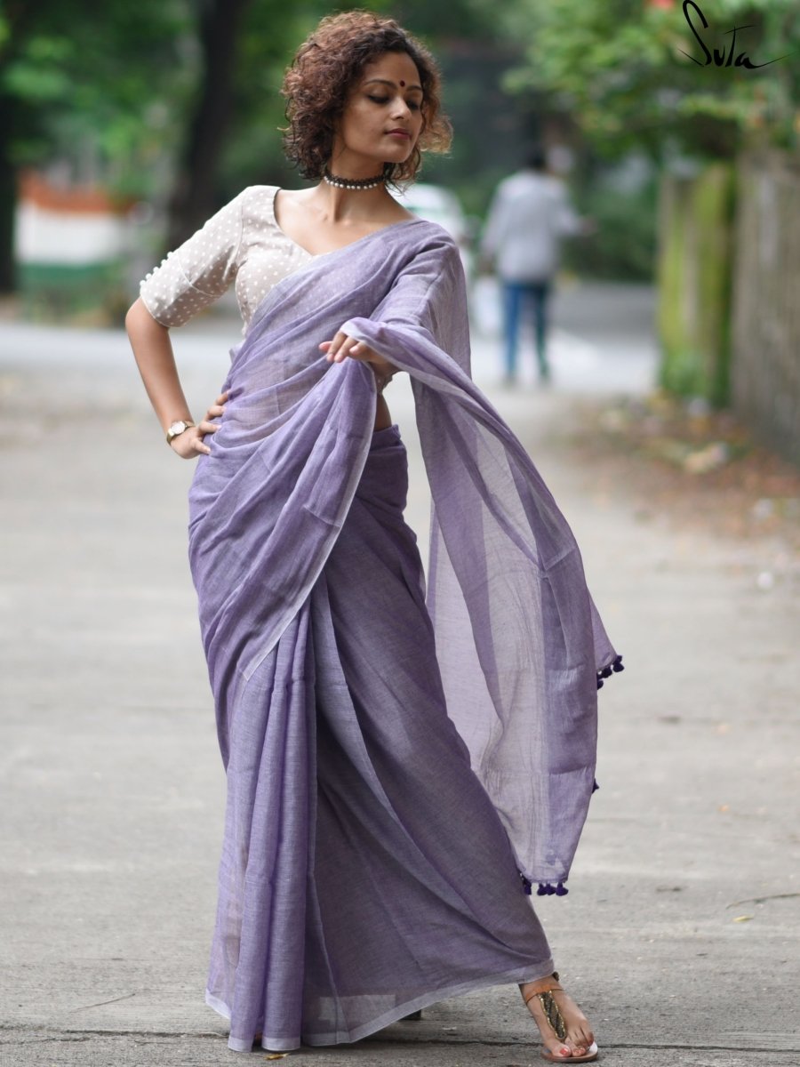 Exclusive! Pure Linen Saree in Beautiful Geometric Checks All over~Lavender